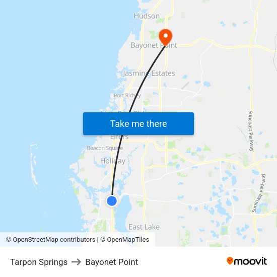 Tarpon Springs to Bayonet Point map