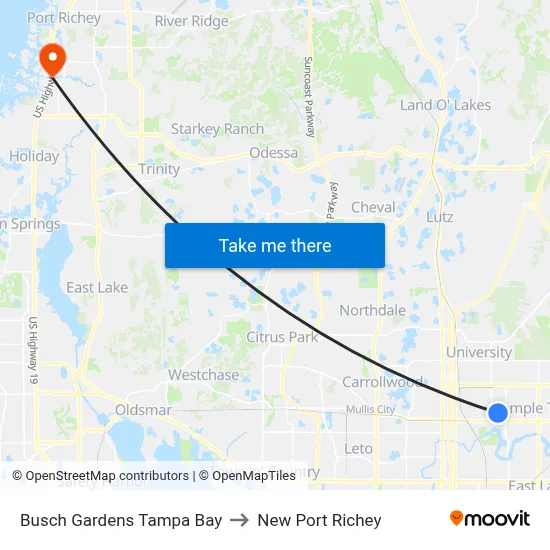 Busch Gardens Tampa Bay to New Port Richey map