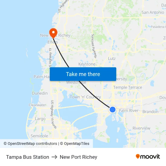 Tampa Bus Station to New Port Richey map