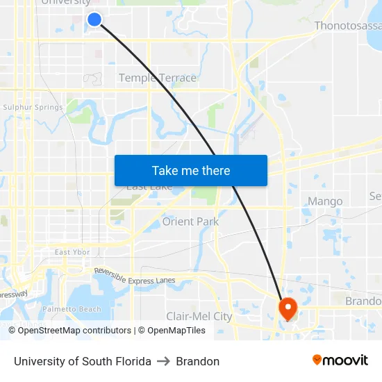 University of South Florida to Brandon map