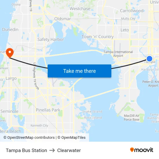 Tampa Bus Station to Clearwater map