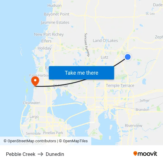 Pebble Creek to Dunedin map