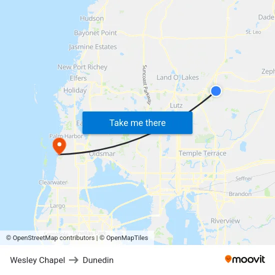 Wesley Chapel to Dunedin map