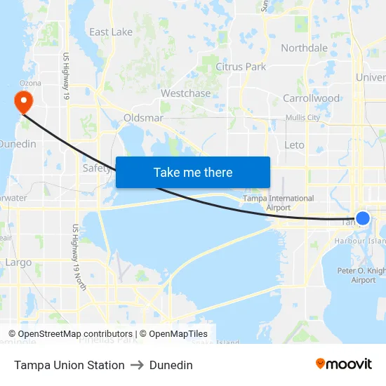 Tampa Union Station to Dunedin map