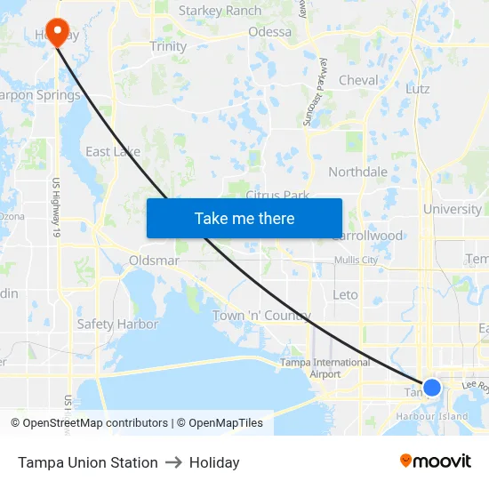 Tampa Union Station to Holiday map