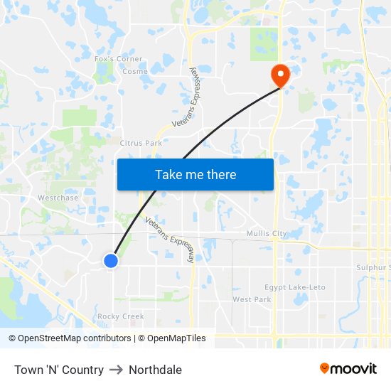 Town 'N' Country to Northdale map