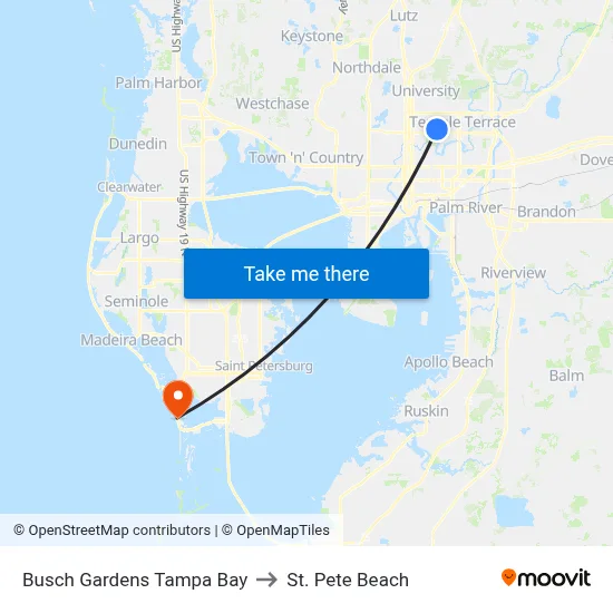 Busch Gardens Tampa Bay to St. Pete Beach map