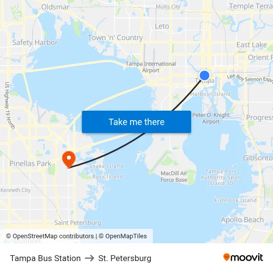 Tampa Bus Station to St. Petersburg map