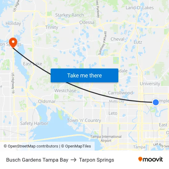 Busch Gardens Tampa Bay to Tarpon Springs map
