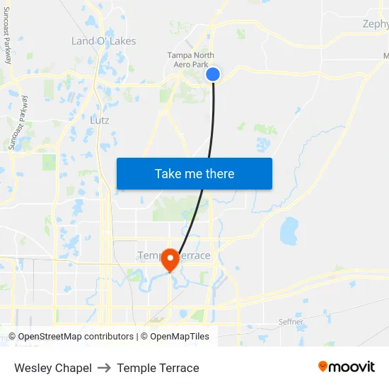 Wesley Chapel to Temple Terrace map