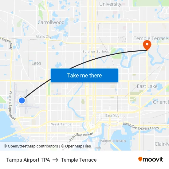 Tampa Airport TPA to Temple Terrace map