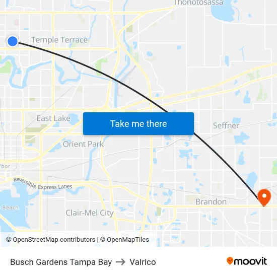 Busch Gardens Tampa Bay to Valrico map