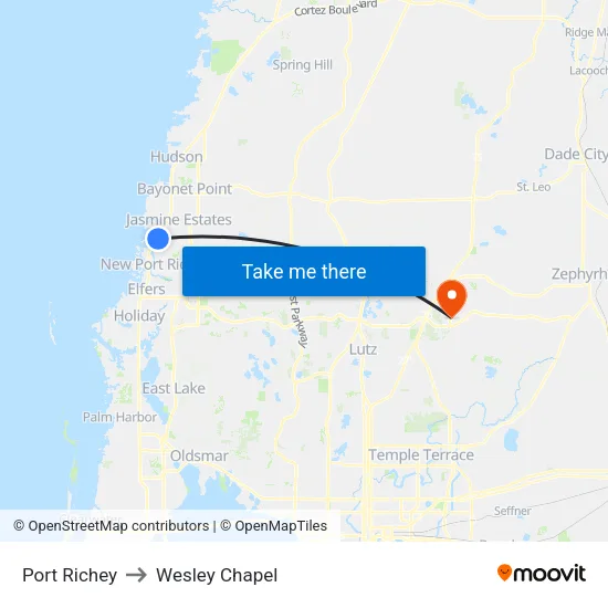 Port Richey to Wesley Chapel map