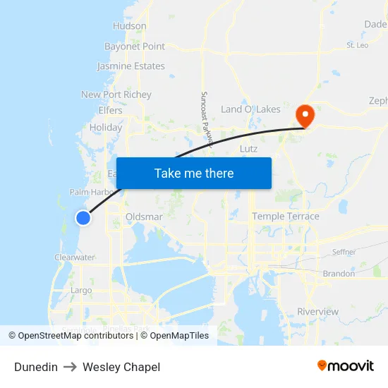 Dunedin to Wesley Chapel map