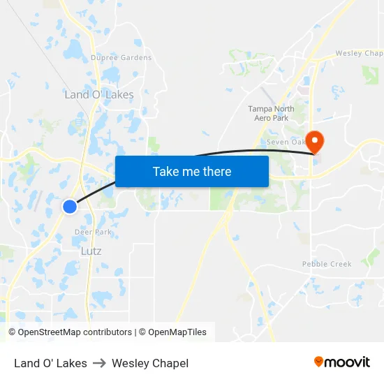 Land O' Lakes to Wesley Chapel map
