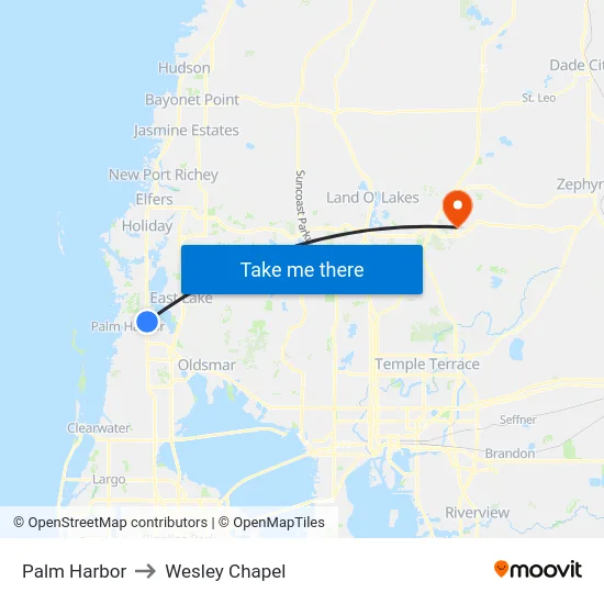 Palm Harbor to Wesley Chapel map