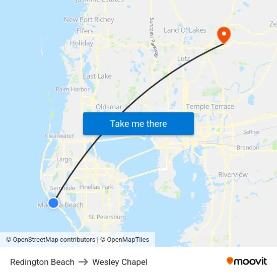 Redington Beach to Wesley Chapel map