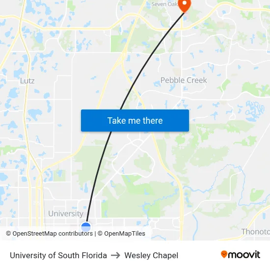 University of South Florida to Wesley Chapel map