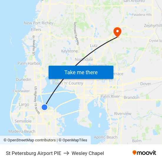 St Petersburg Airport PIE to Wesley Chapel map