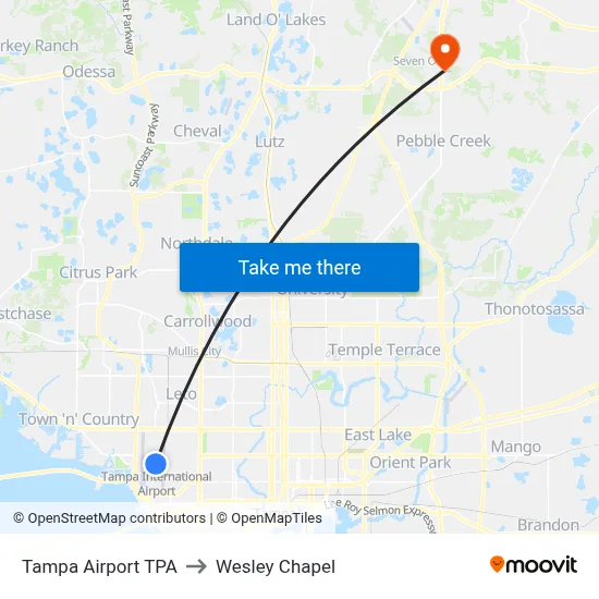 Tampa Airport TPA to Wesley Chapel map