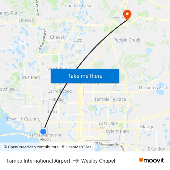 Tampa International Airport to Wesley Chapel map