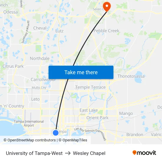 University of Tampa-West to Wesley Chapel map
