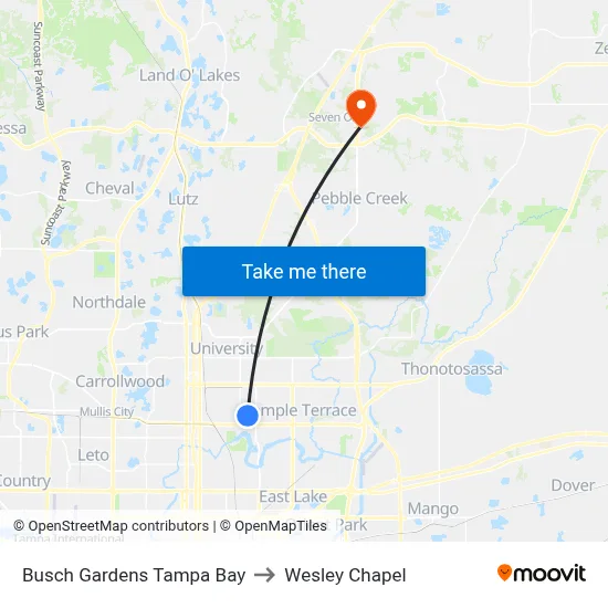Busch Gardens Tampa Bay to Wesley Chapel map