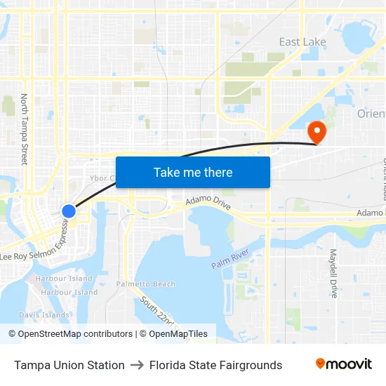 Tampa Union Station to Florida State Fairgrounds map