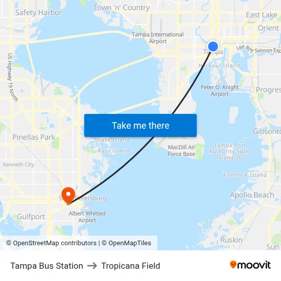 Tampa Bus Station to Tropicana Field map