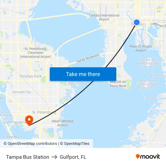 Tampa Bus Station to Gulfport, FL map