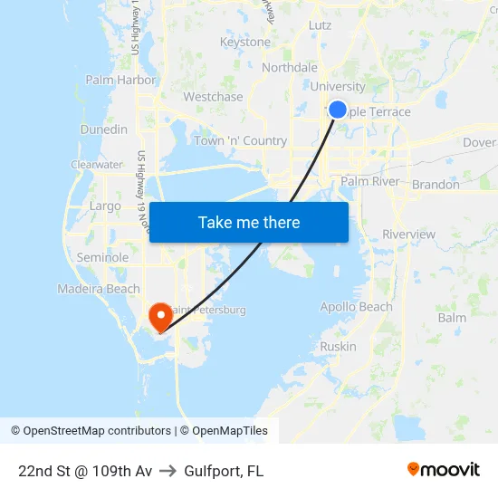 22nd St @ 109th Av to Gulfport, FL map