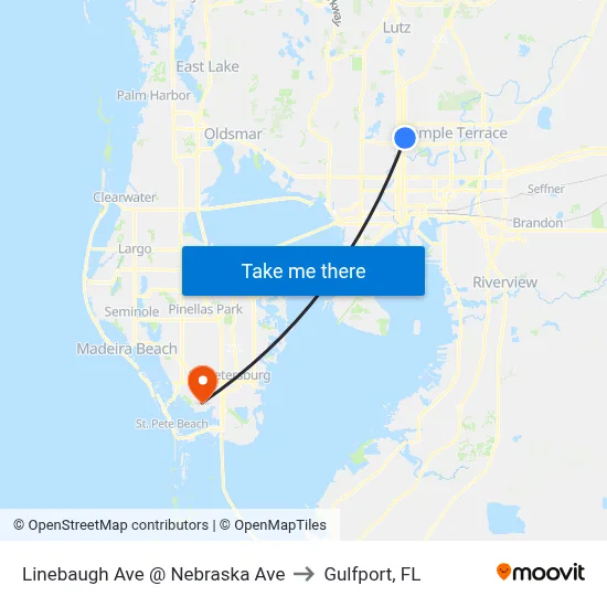 Linebaugh Ave @ Nebraska Ave to Gulfport, FL map