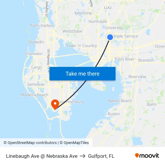 Linebaugh Ave @ Nebraska Ave to Gulfport, FL map