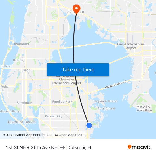 1st St NE + 26th Ave NE to Oldsmar, FL map