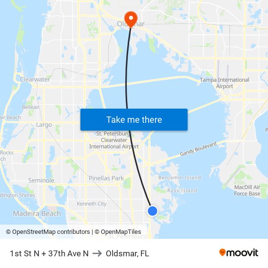 1st St N + 37th Ave N to Oldsmar, FL map