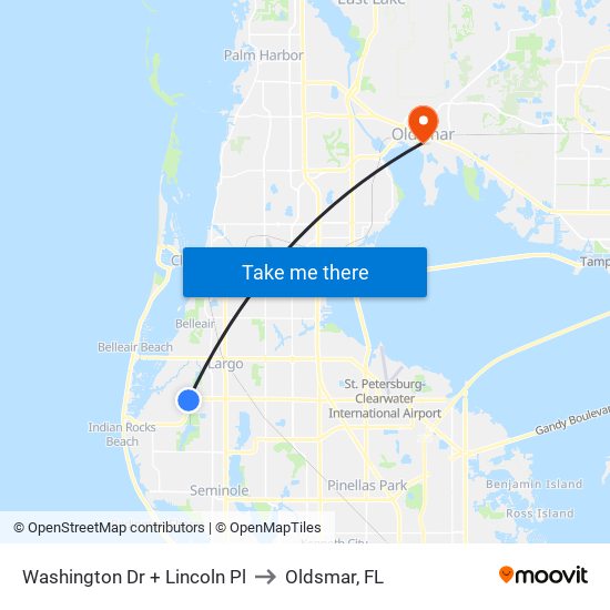 Washington Dr + Lincoln Pl to Oldsmar, FL map