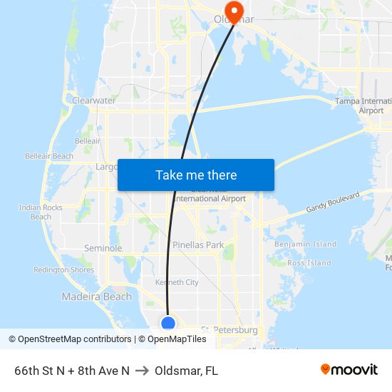 66th St N + 8th Ave N to Oldsmar, FL map