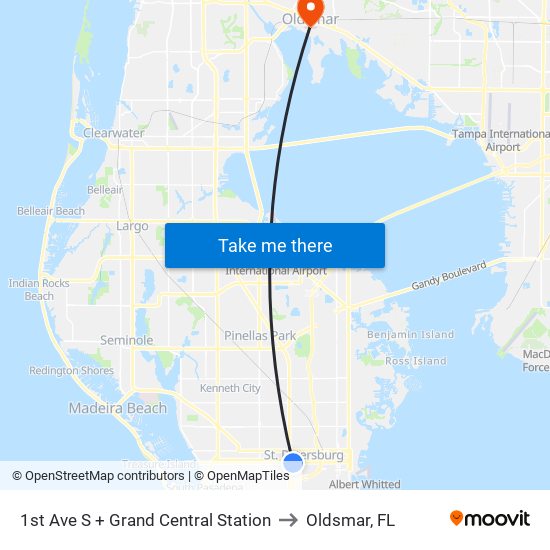 1st Ave S + Grand Central Station to Oldsmar, FL map