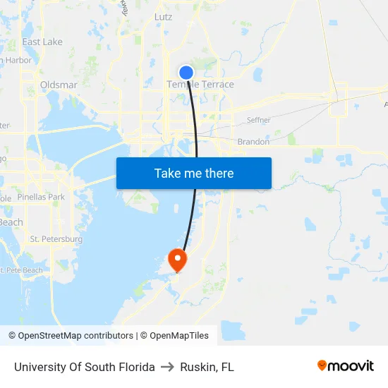 University Of South Florida to Ruskin, FL map