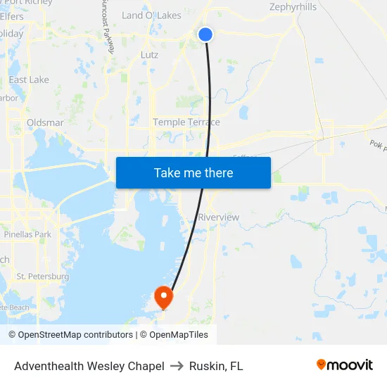 Adventhealth Wesley Chapel to Ruskin, FL map