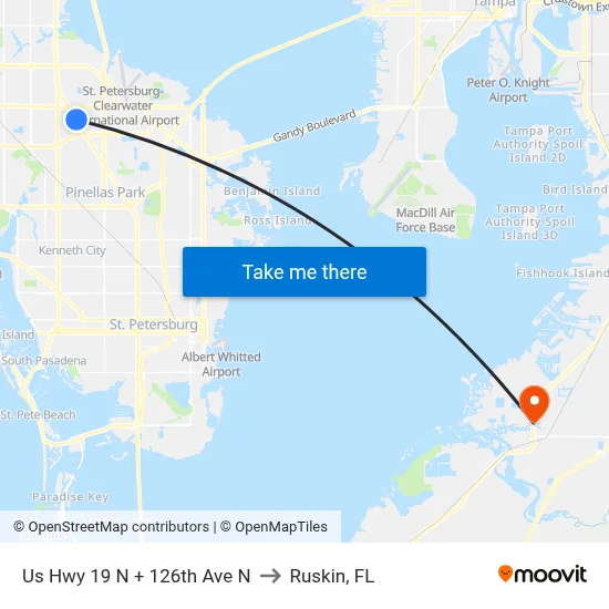 Us Hwy 19 N + 126th Ave N to Ruskin, FL map