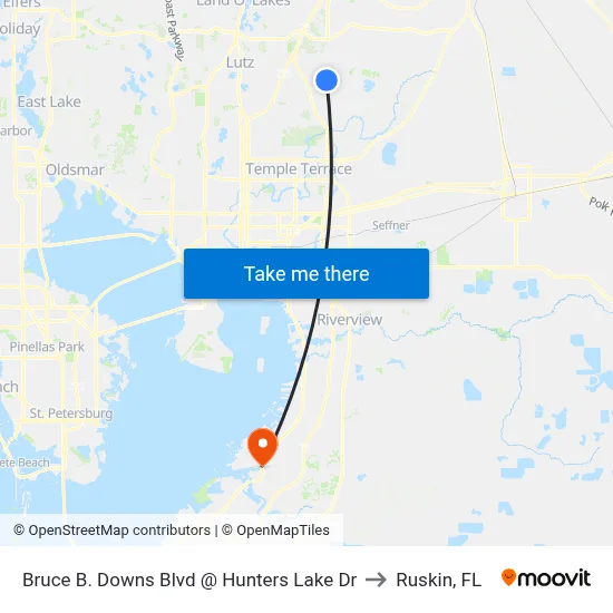 Bruce B. Downs Blvd @ Hunters Lake Dr to Ruskin, FL map