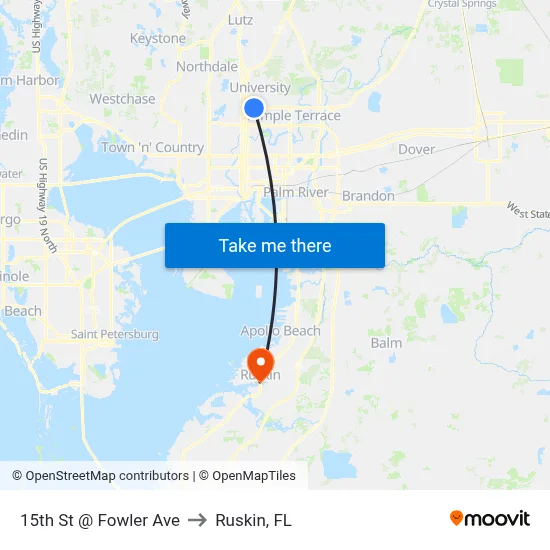 15th St @ Fowler Ave to Ruskin, FL map