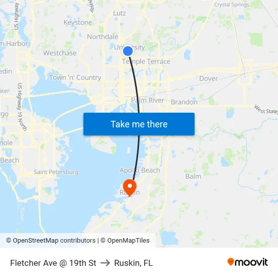 Fletcher Ave @ 19th St to Ruskin, FL map