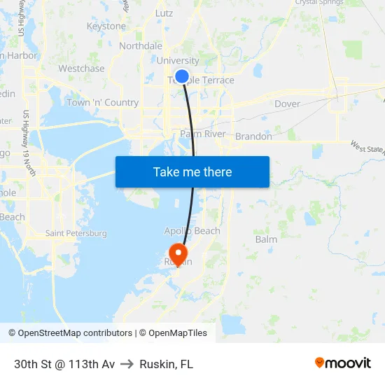30th St @ 113th Av to Ruskin, FL map