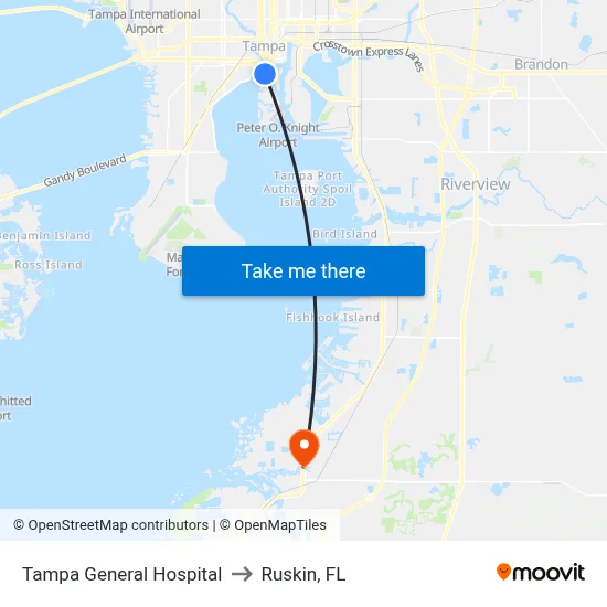 Tampa General Hospital to Ruskin, FL map