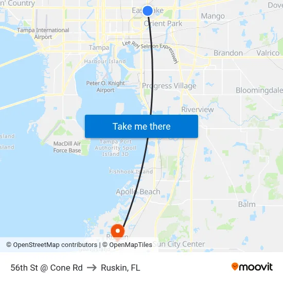 56th St @ Cone Rd to Ruskin, FL map