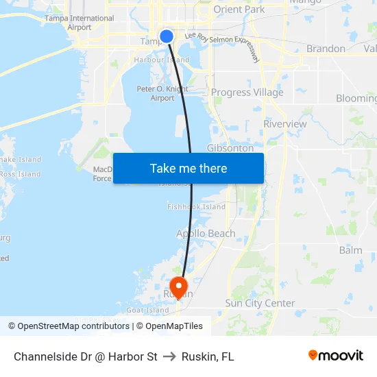 Channelside Dr @ Harbor St to Ruskin, FL map