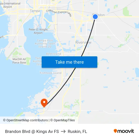 Brandon Blvd @ Kings Av FS to Ruskin, FL map