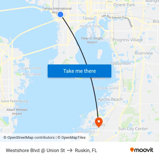 Westshore Blvd @ Union St to Ruskin, FL map